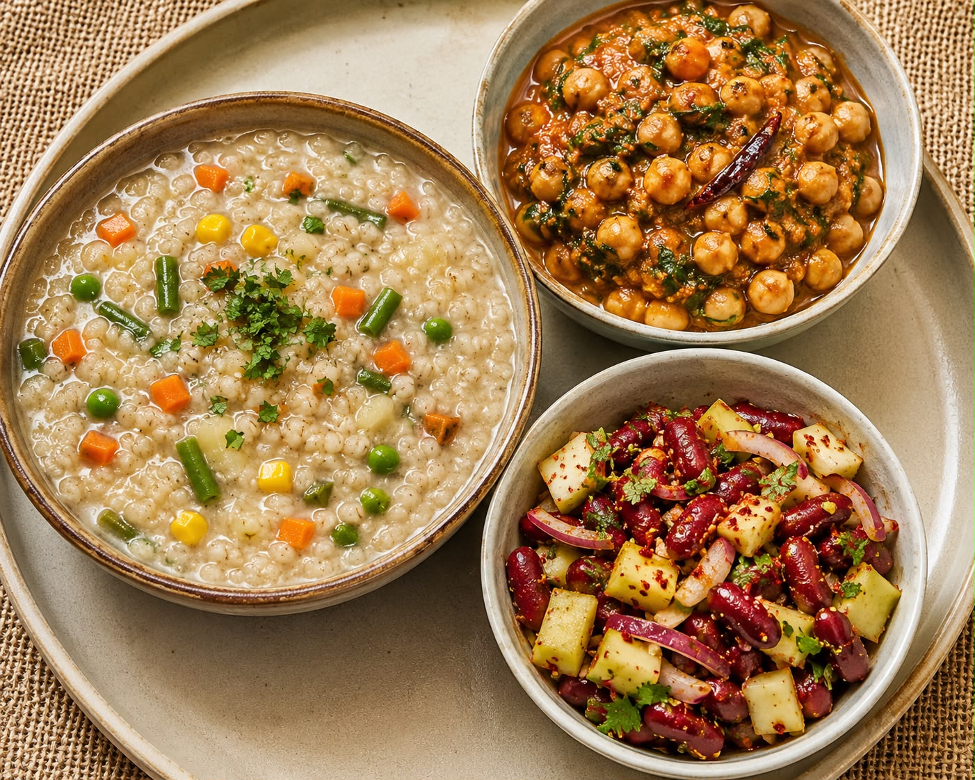 Barley Gruel with Mixed Vegetables, Methi Chole Curry & Rajma Raw Mango Salad