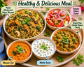 Palak Mushroom Bajra Biryani, Tomato Onion Salad, Green Peas Cluster Beans Curry & Methi Raita, Masoor Dal