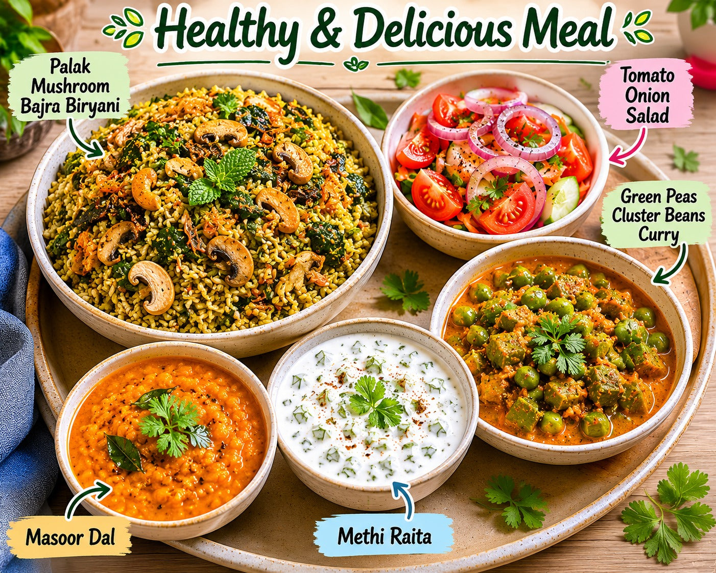 Palak Mushroom Bajra Biryani, Tomato Onion Salad, Green Peas Cluster Beans Curry & Methi Raita, Masoor Dal