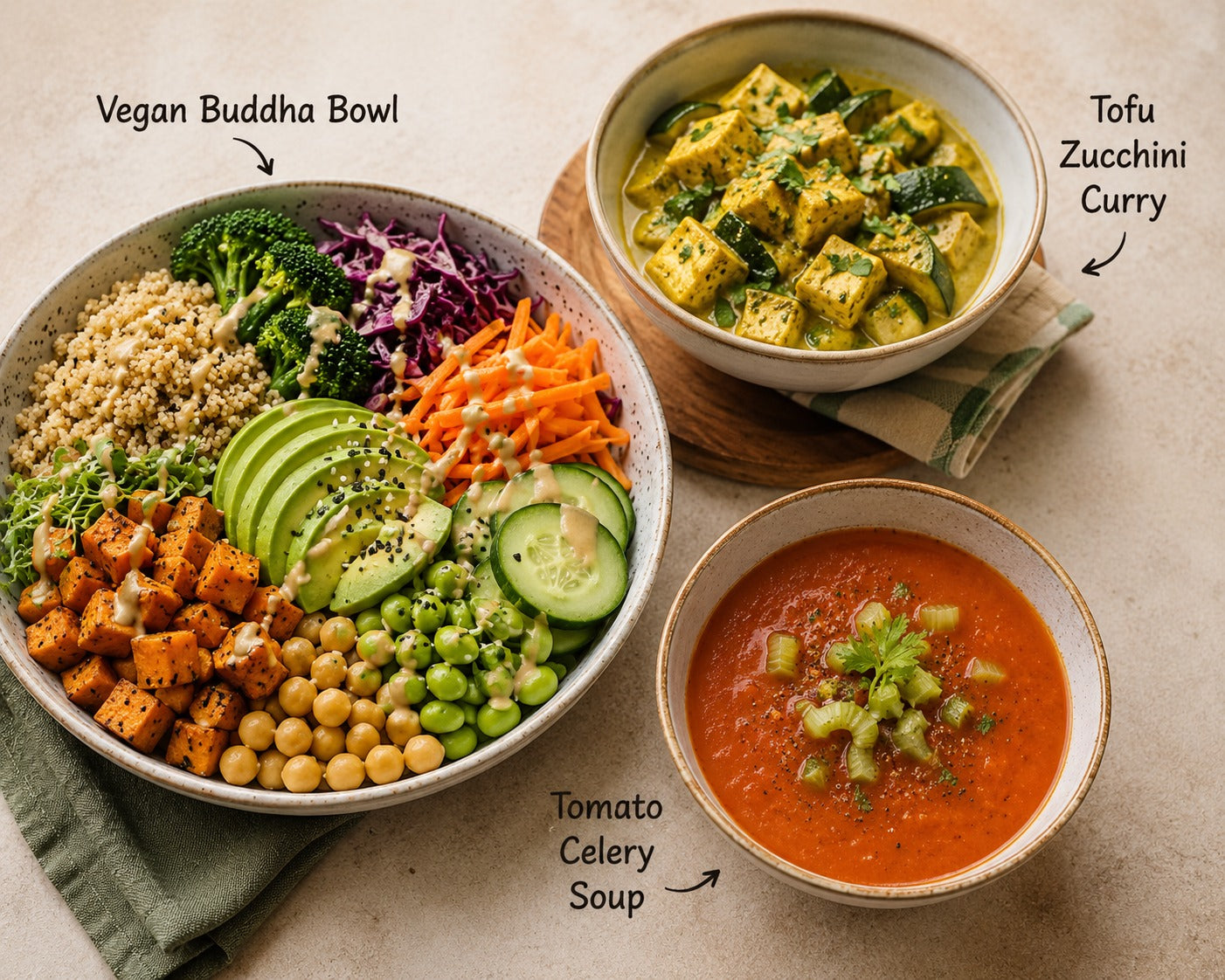 Vegan Buddha Bowl, Tofu Zucchini Curry &Tomato Celery Soup