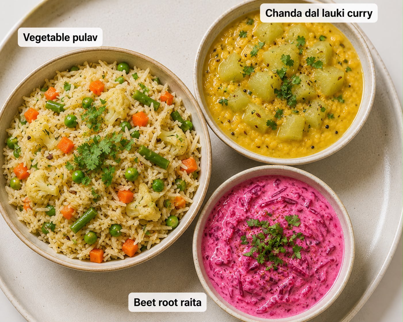 Vegetable Pulav,Chana dal lauki curry, Beetroot Raita