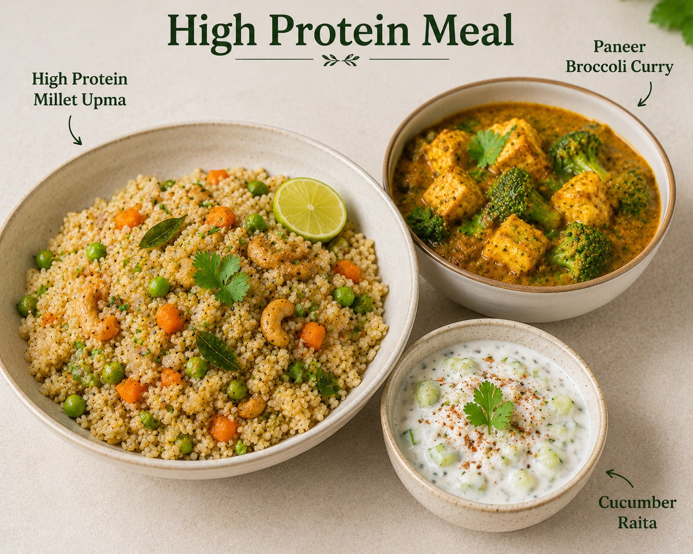 High-Protein Millet Upma, Paneer Broccoli Curry & Cucumber Raita