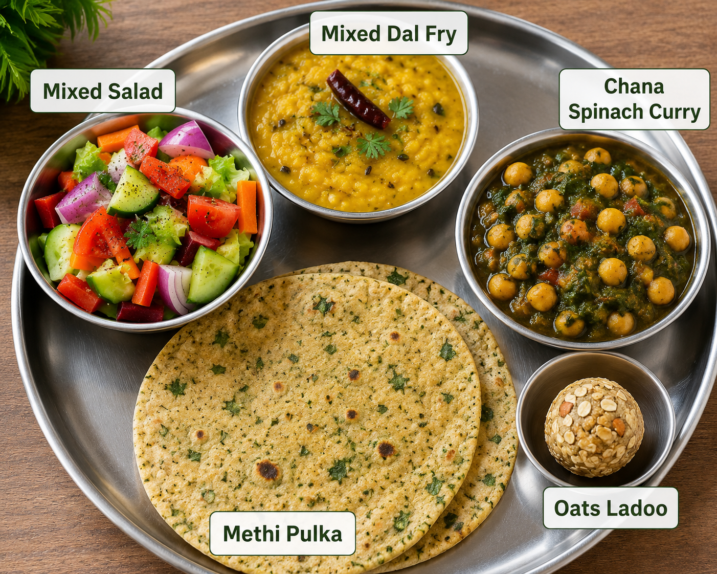 Methi Phulka,Mixed Salad,Mixed Dal Fry,Oats Ladoo
