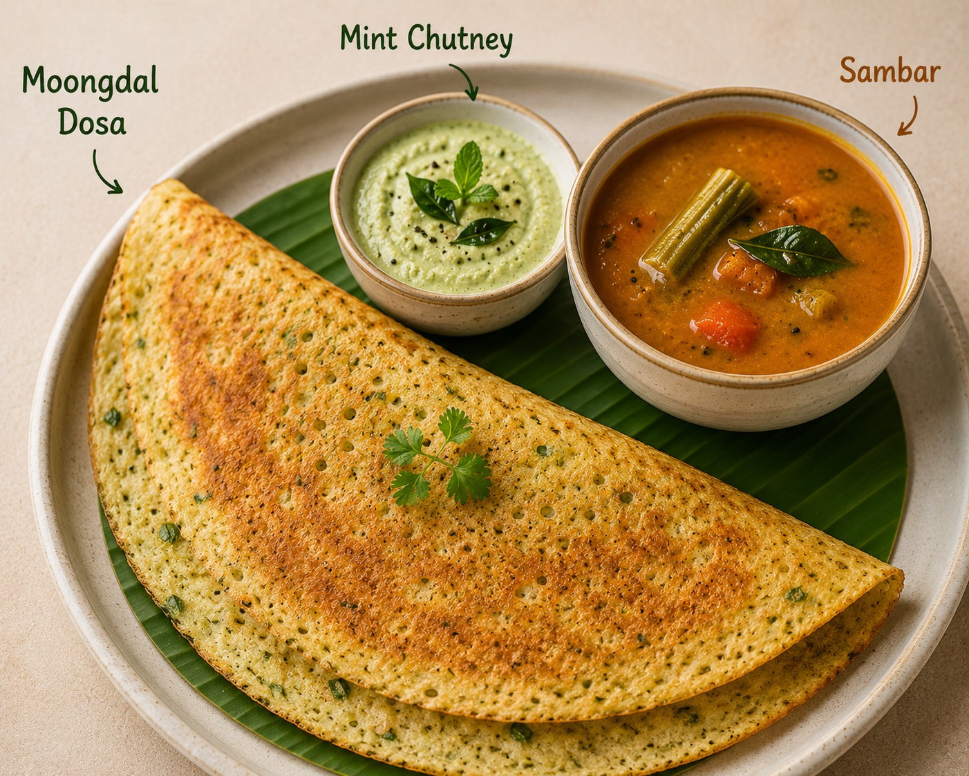 Moongdal Dosa,Mint Chutney,Sambar
