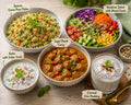 Quinoa green peas pulav, Rainbow salad with mixed seeds, soya chunk curry,Raita with sabja seeds, coconut chia pudding