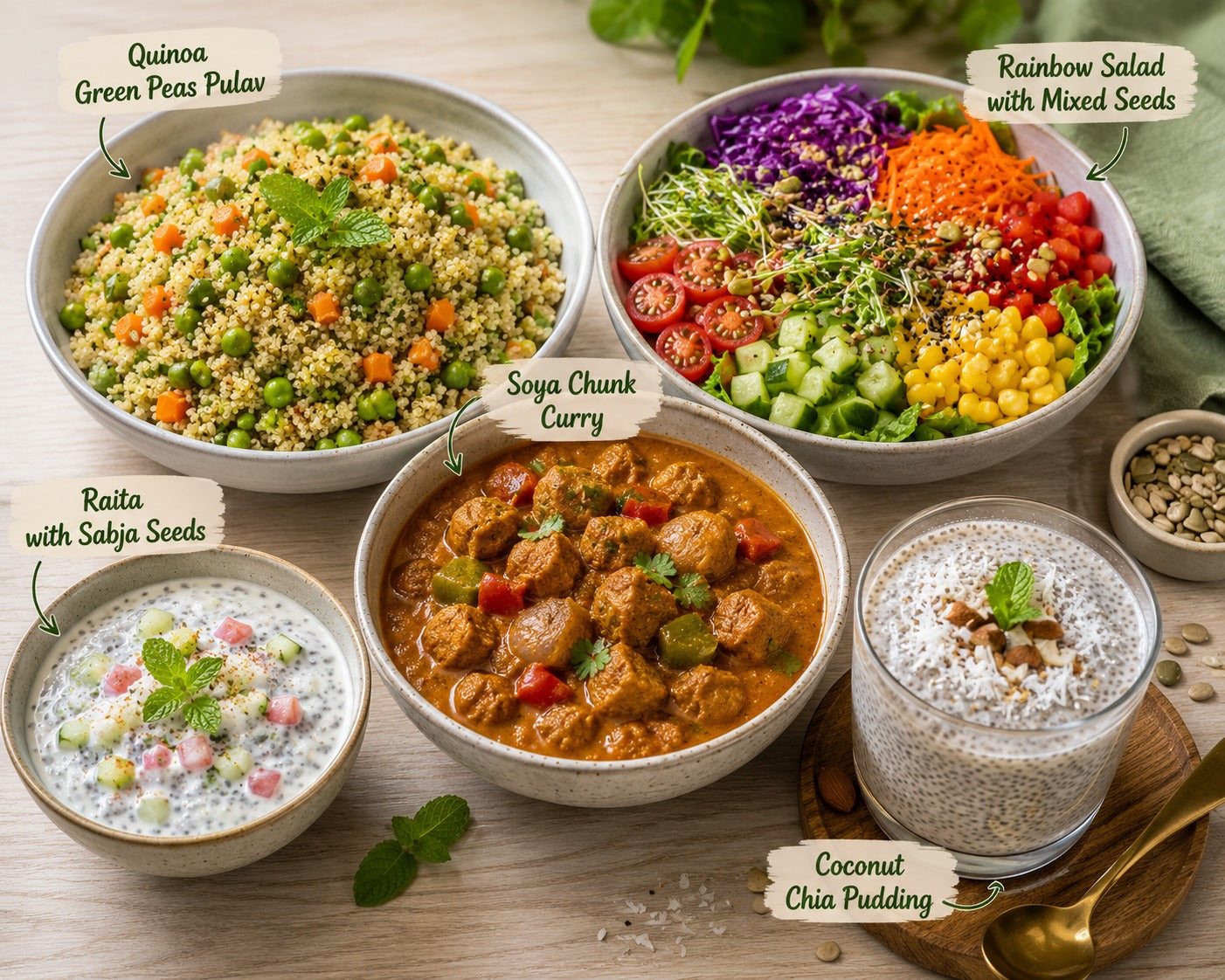Quinoa green peas pulav, Rainbow salad with mixed seeds, soya chunk curry,Raita with sabja seeds, coconut chia pudding