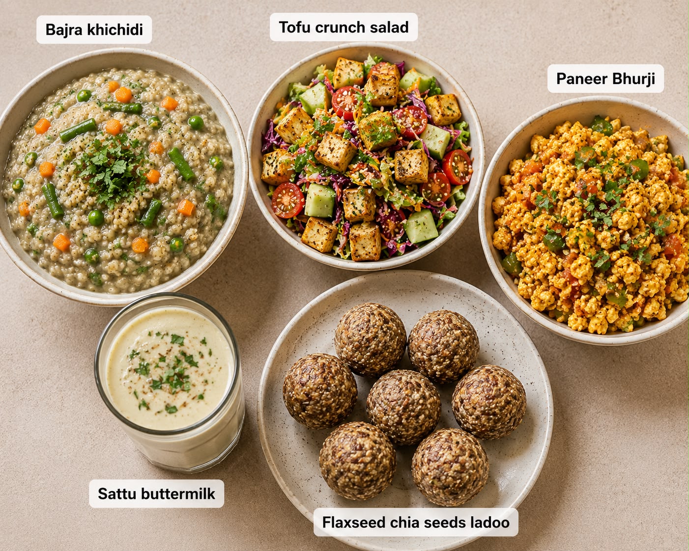 Bajra Khichdi, Tofu Crunch Salad, Paneer Bhurji, Sattu Buttermilk & Flaxseed-Chia Seed Ladoo