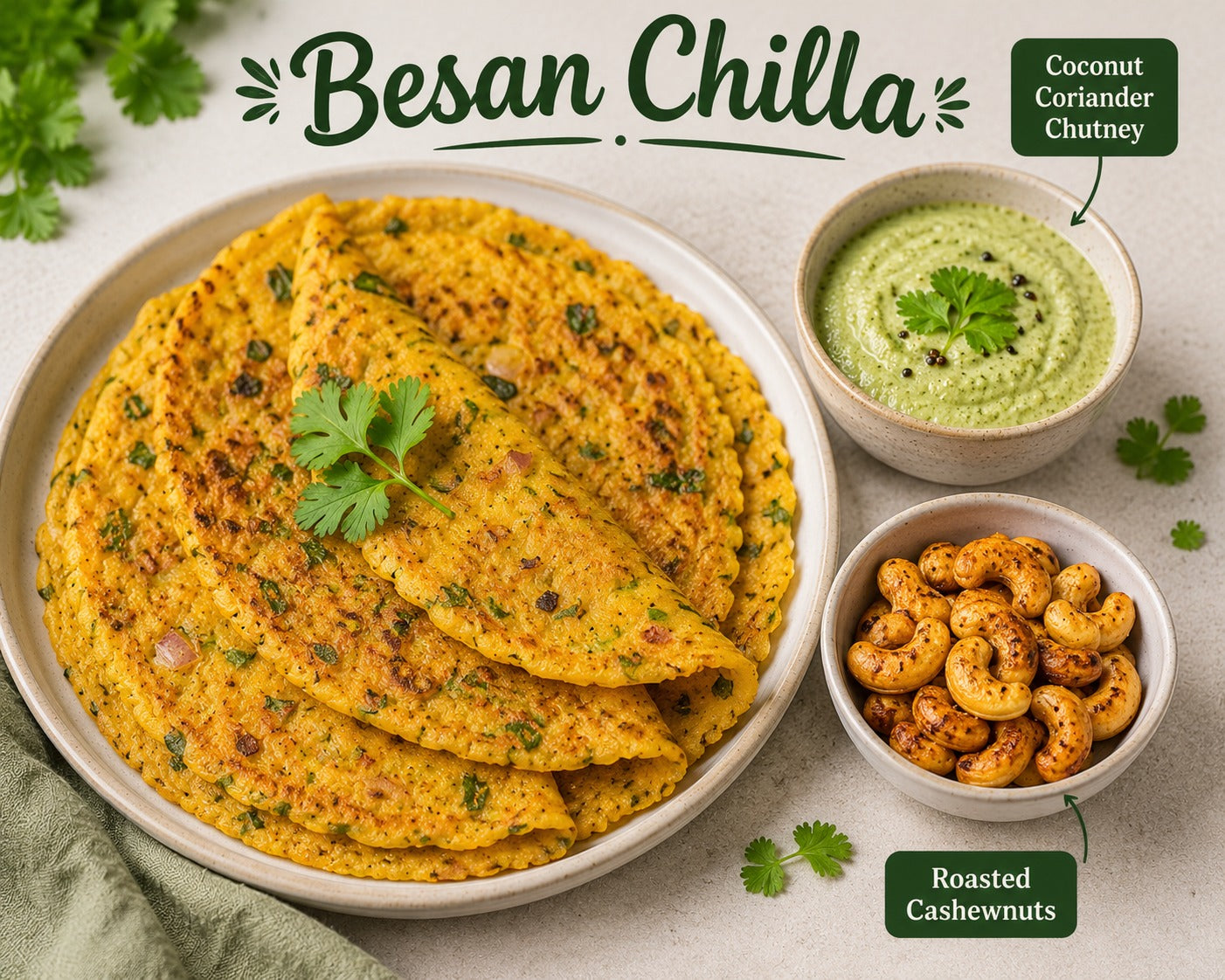 Besan Chilla, Coconut Coriander Chutney & Roasted Cashew Nuts