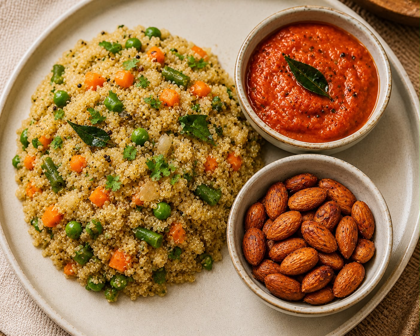 Quinoa Upma with Peas, Carrot & Beans, Tomato Chutney & Roasted Almonds