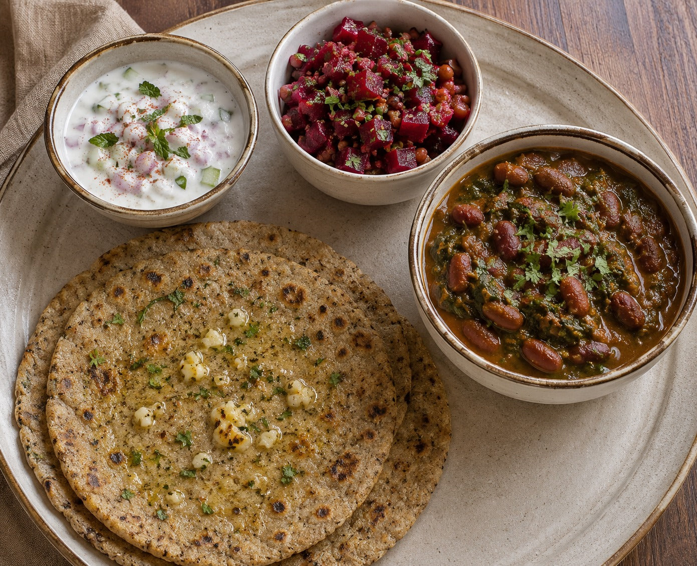 Garlic bajra roti, lentil beetroot salad, rajma spinach curry,raitha, Green beans with tofu roasted peanuts