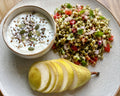 Curd Bowl with Seeds, Sprouts Salad & Fresh Pear