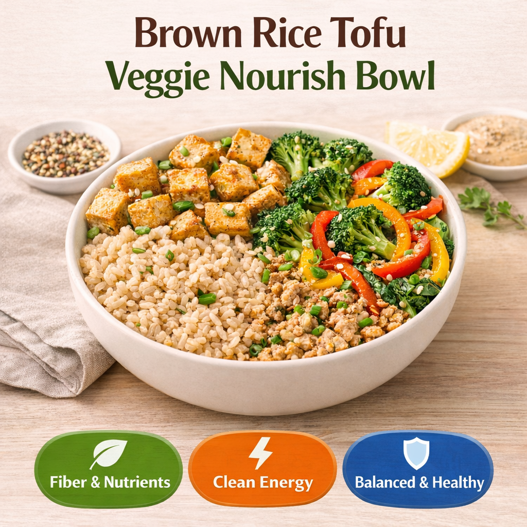 Brown Rice Tofu Veggie Nourish Bowl